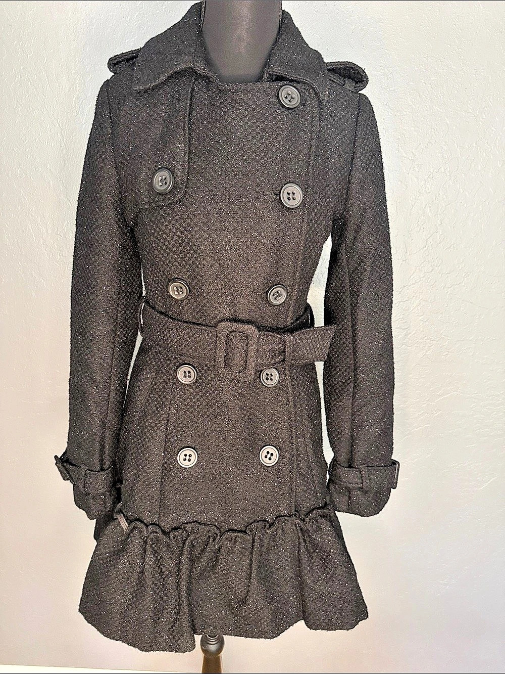 BB Dakota Ruffle Hem Belted Pea Coat in Black Size Small